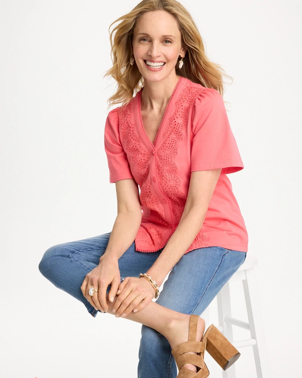 Chico's Embroidered Button-Front Tee Calypso Coral