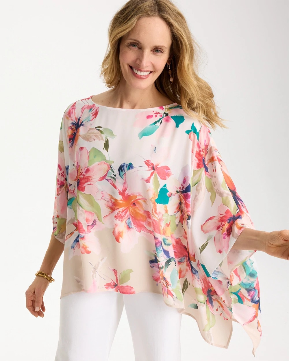 Chico's Croix Collage Classic Poncho Calypso Coral