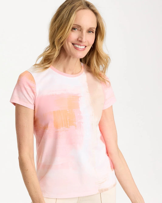 Chico's Cotton Stretch Watercolor Cap Sleeve Tee Calypso Coral