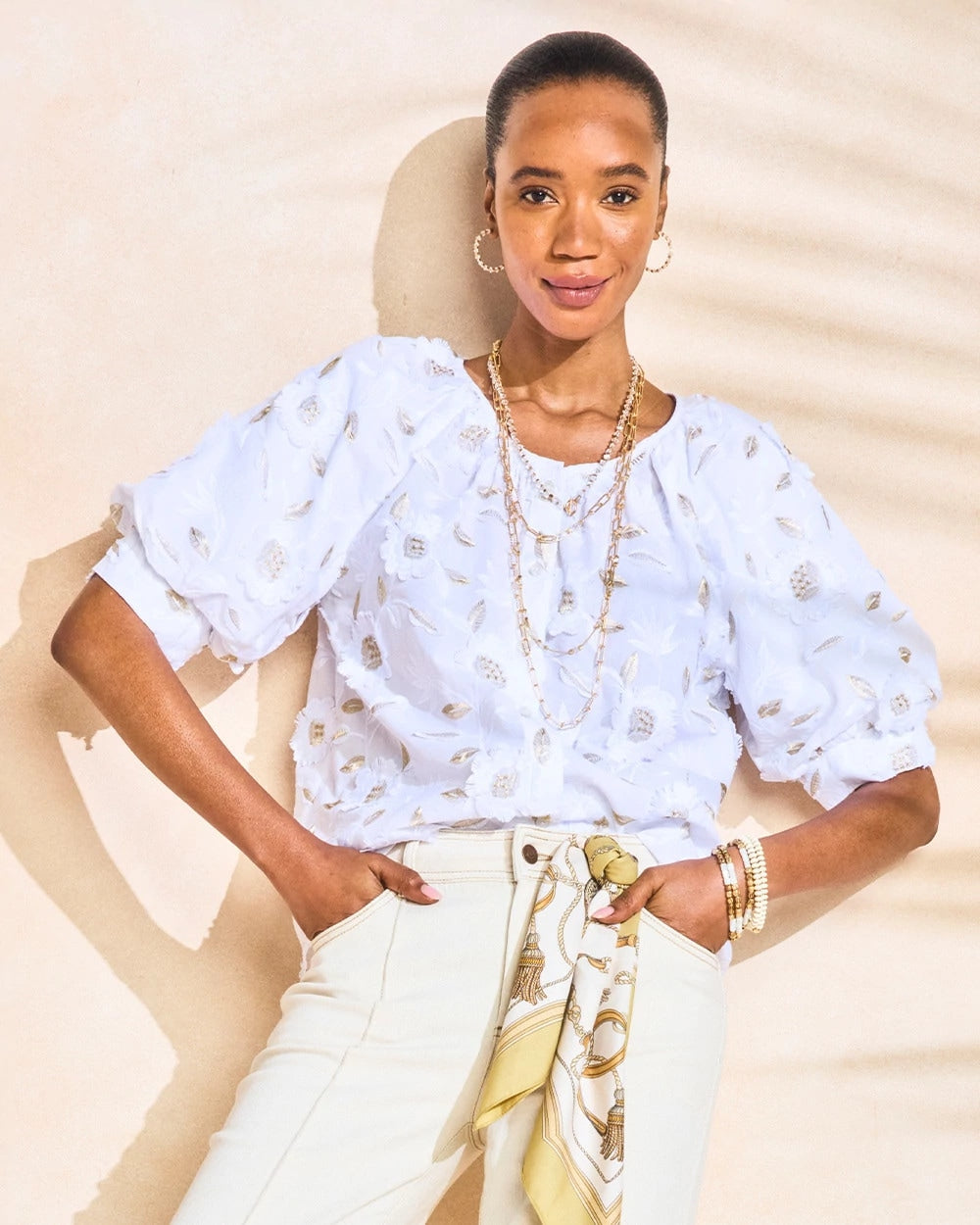 Chico's Cotton Metallic Applique Embroidered Top Alabaster