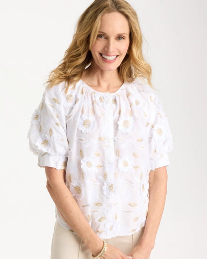 Chico's Cotton Metallic Applique Embroidered Top Alabaster