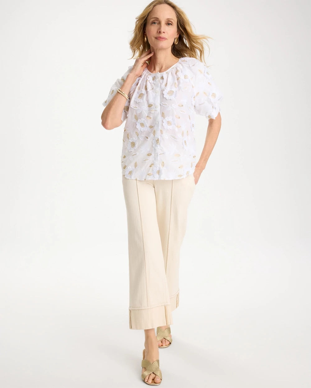 Chico's Cotton Metallic Applique Embroidered Top Alabaster