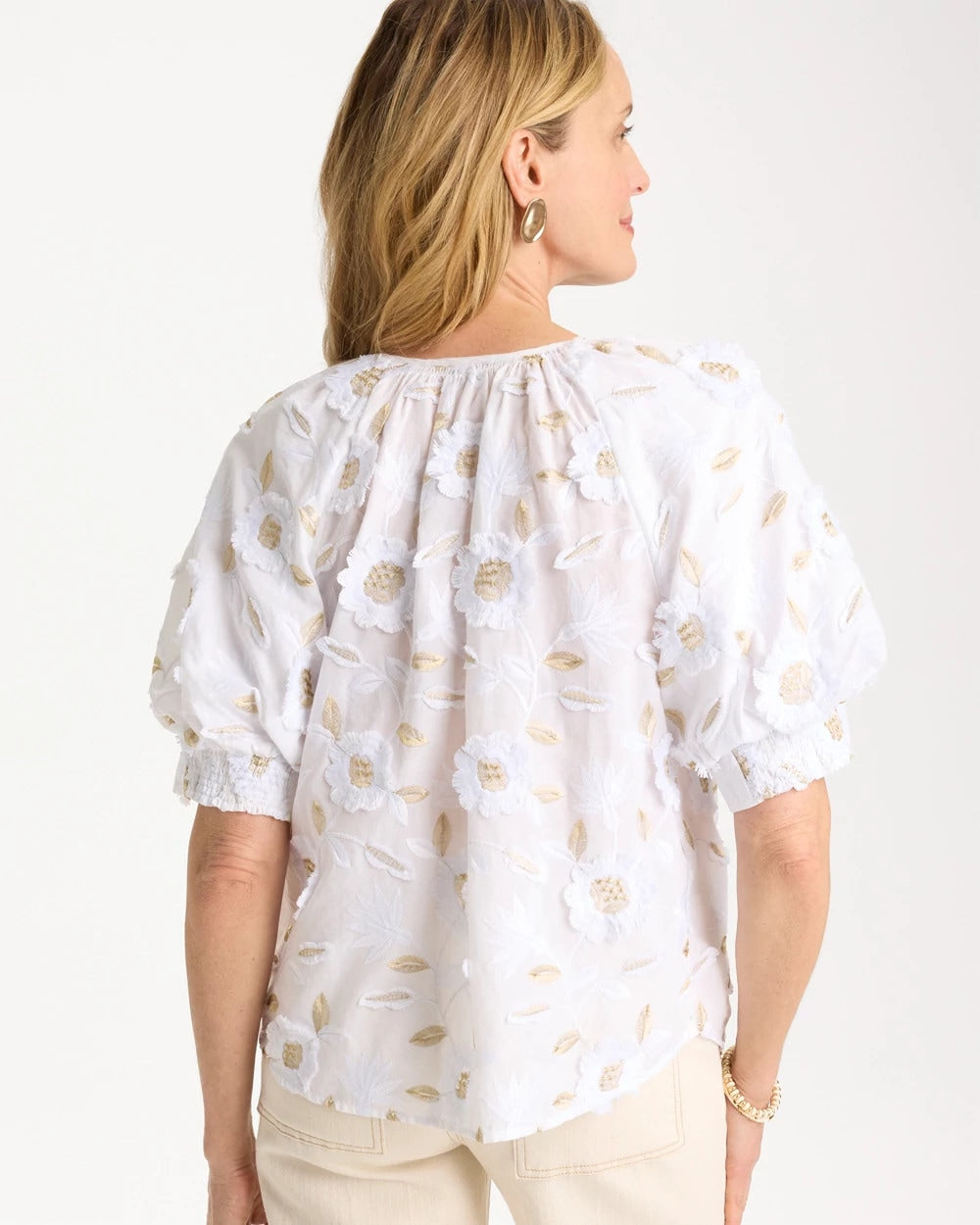 Chico's Cotton Metallic Applique Embroidered Top Alabaster