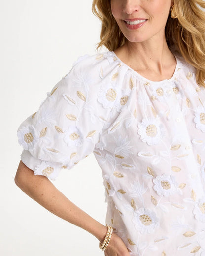 Chico's Cotton Metallic Applique Embroidered Top Alabaster