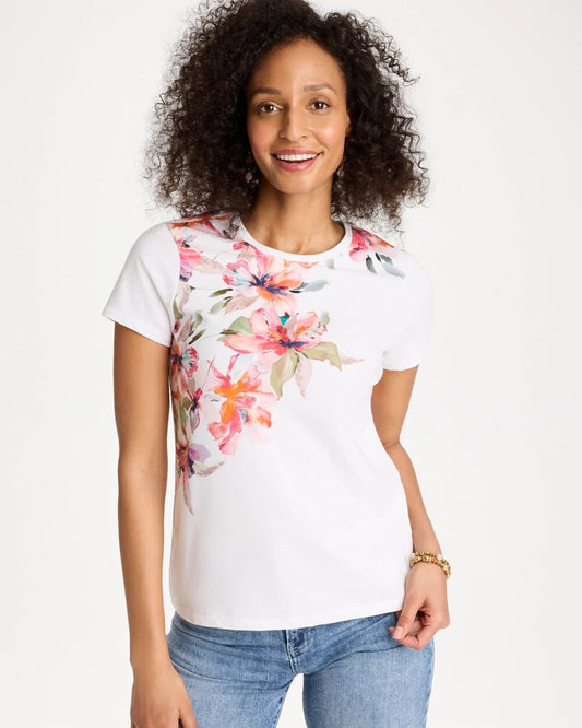 Chico's Cotton Stretch Ethereal Floral Cap Sleeve Tee Calypso Coral