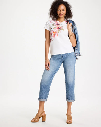 Chico's Cotton Stretch Ethereal Floral Cap Sleeve Tee Calypso Coral