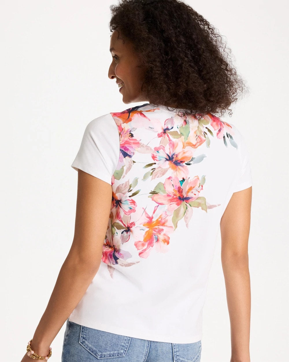 Chico's Cotton Stretch Ethereal Floral Cap Sleeve Tee Calypso Coral