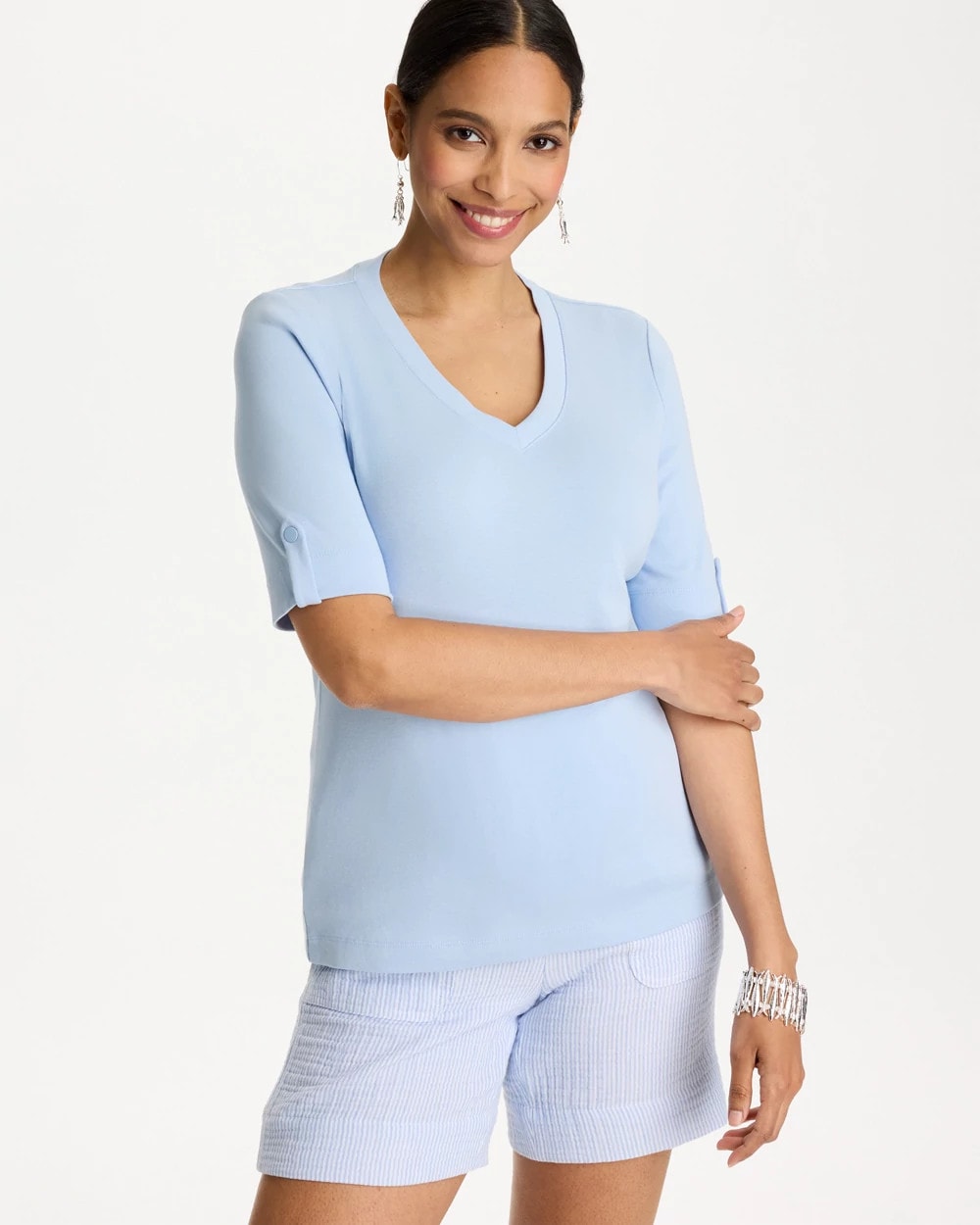 Chico's Pima V-Neck Tee Blue Haven