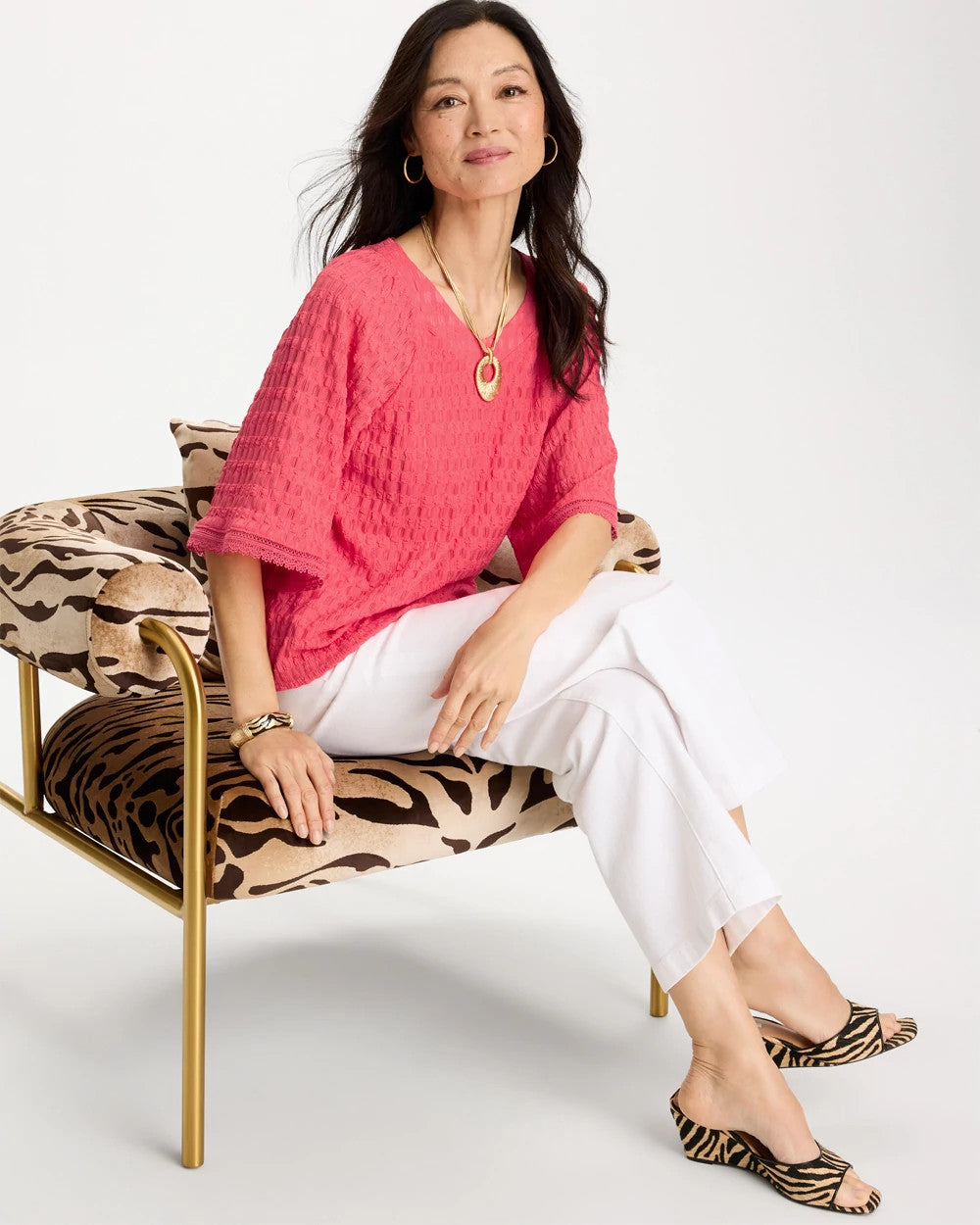 Chico's Crinkle Lace Knit Raglan Tee Calypso Coral