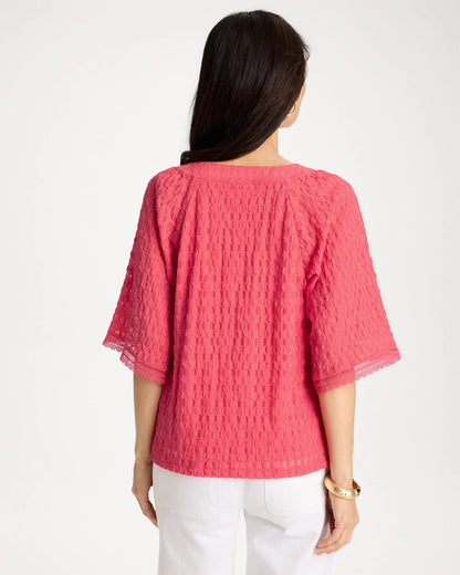 Chico's Crinkle Lace Knit Raglan Tee Calypso Coral