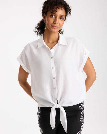 Chico's No Iron™ Linen Tie-Front Cap Sleeve Shirt Optic White
