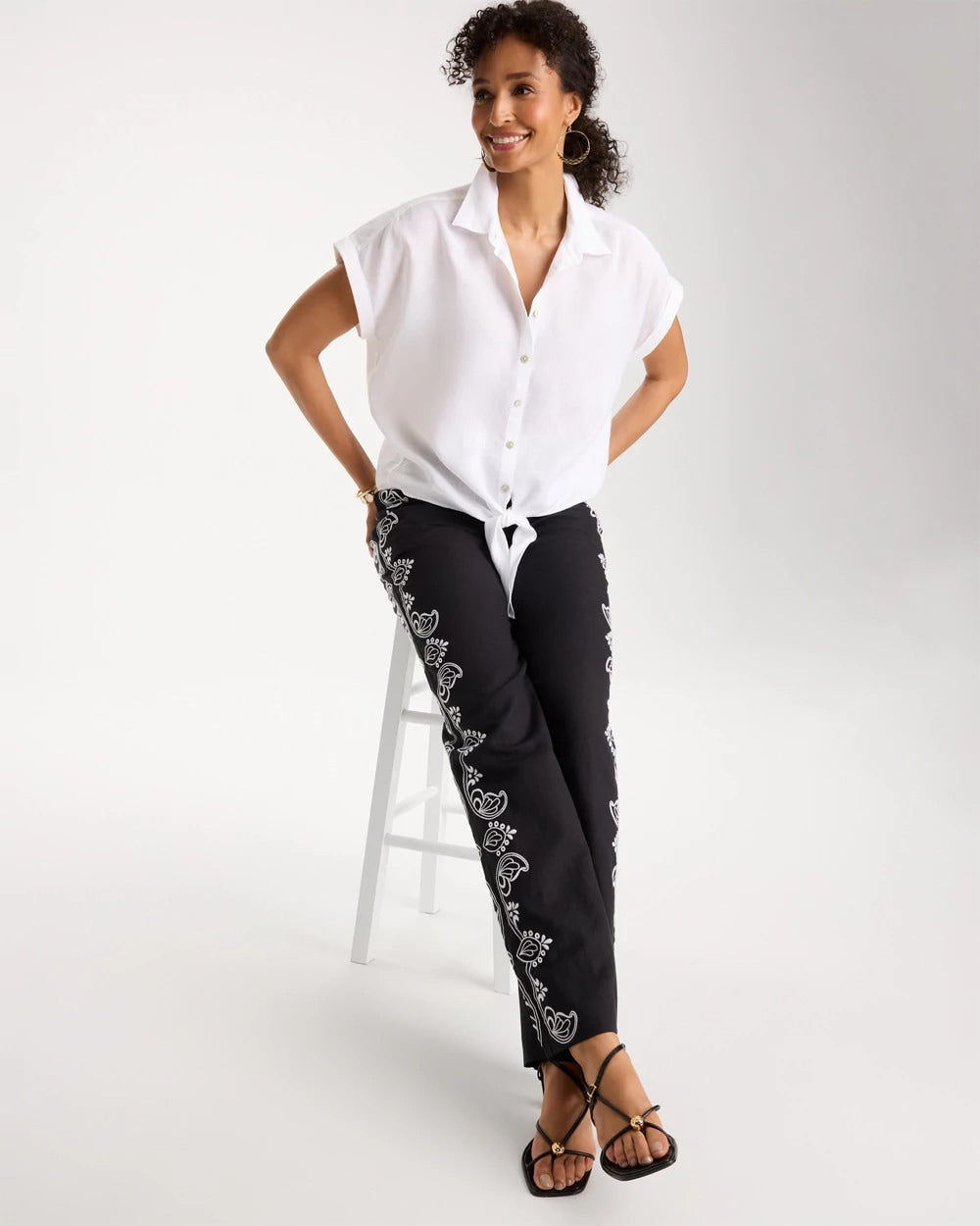Chico's No Iron™ Linen Tie-Front Cap Sleeve Shirt Optic White