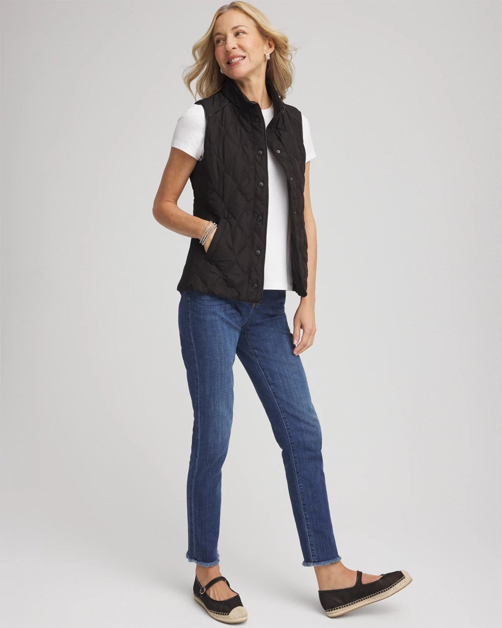 Chico's Rib Trim Quilted Vest Black
