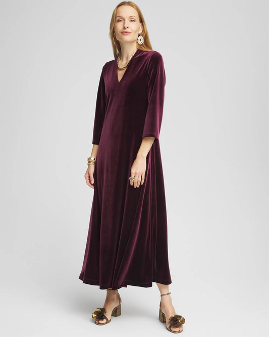 Chico's V-Neck Velour Midi Dress Deep Raisin