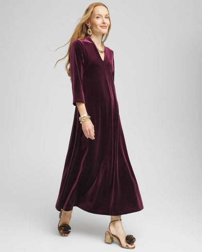 Chico's V-Neck Velour Midi Dress Deep Raisin