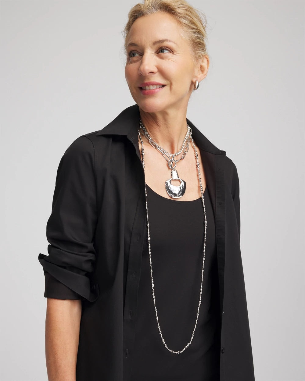 Chico's Silvertone Long Beaded Necklace Silver