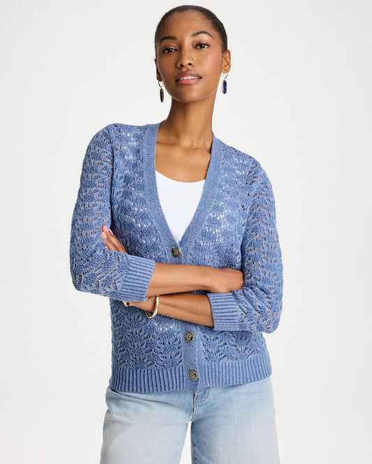 Chico's Crochet Knit Pointelle Cardigan Denim