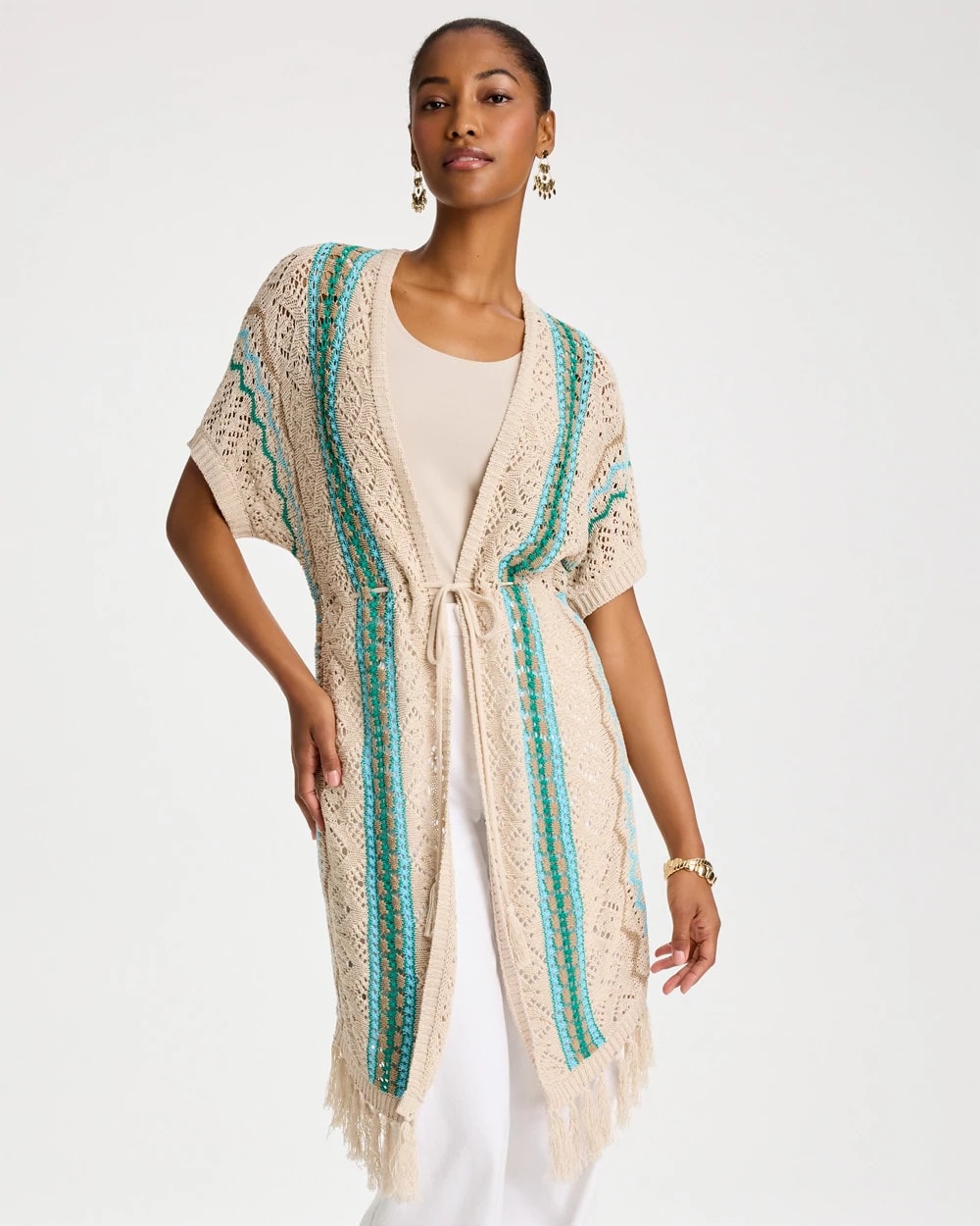 Chico's Rainbow Crochet Pointelle Vest Bondi Blue