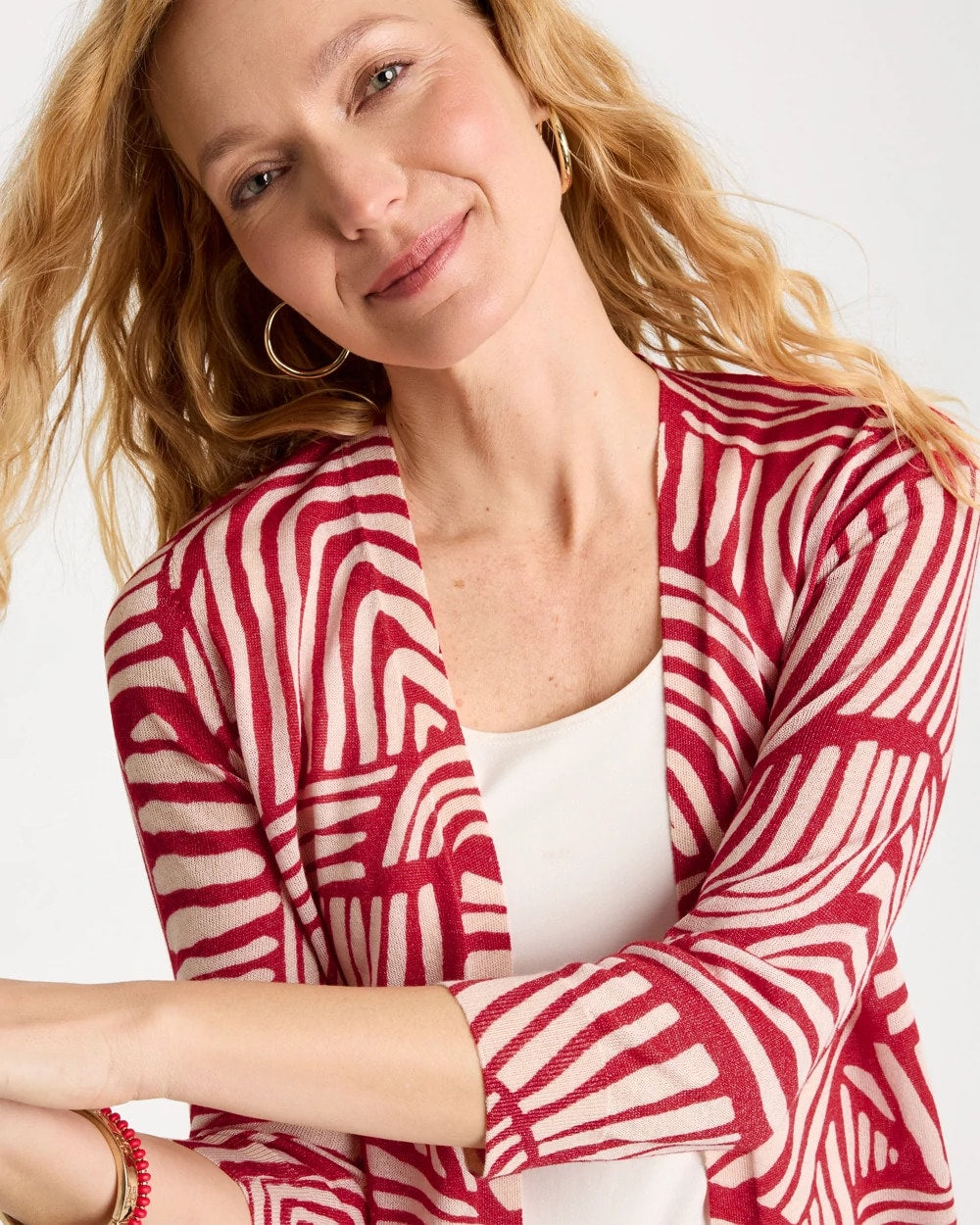 Chico's Geo Summer Romance Cardigan Cherry Lush