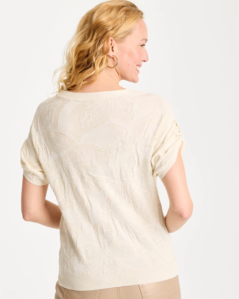 Chico's Floral Jacquard Dolman Pullover Sweater Natural Cream