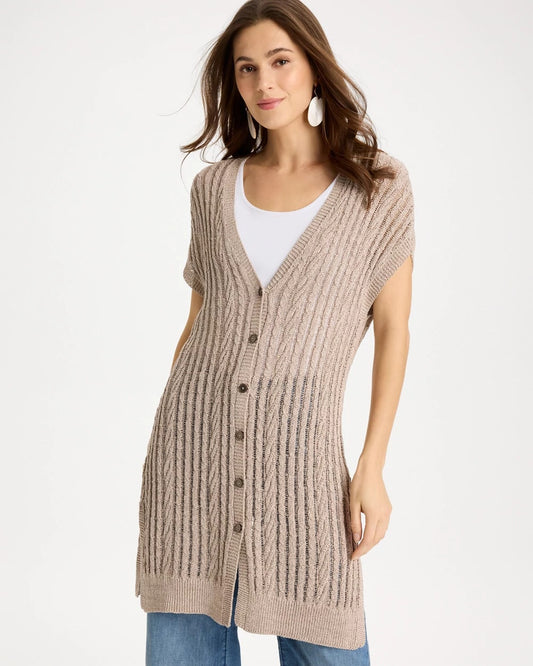 Chico's Faucet V-Neck Long Cardigan Vest Smokey Taupe