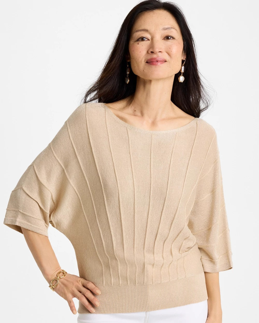 Chico's Metallic Pleated Dolman Pullover Sweater Ecru