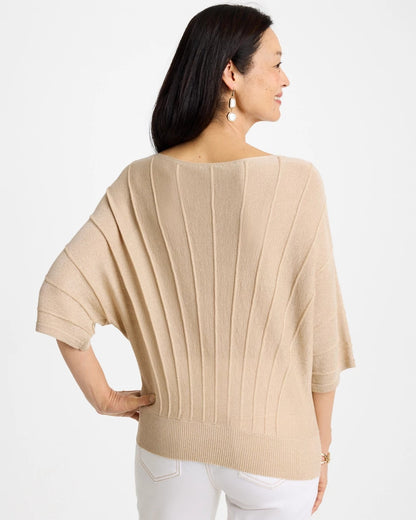 Chico's Metallic Pleated Dolman Pullover Sweater Ecru