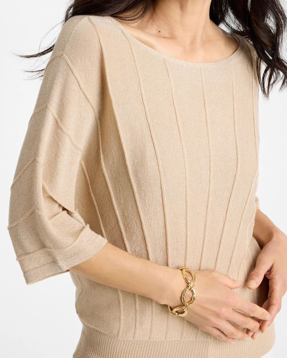 Chico's Metallic Pleated Dolman Pullover Sweater Ecru