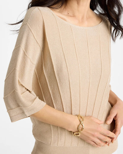 Chico's Metallic Pleated Dolman Pullover Sweater Ecru