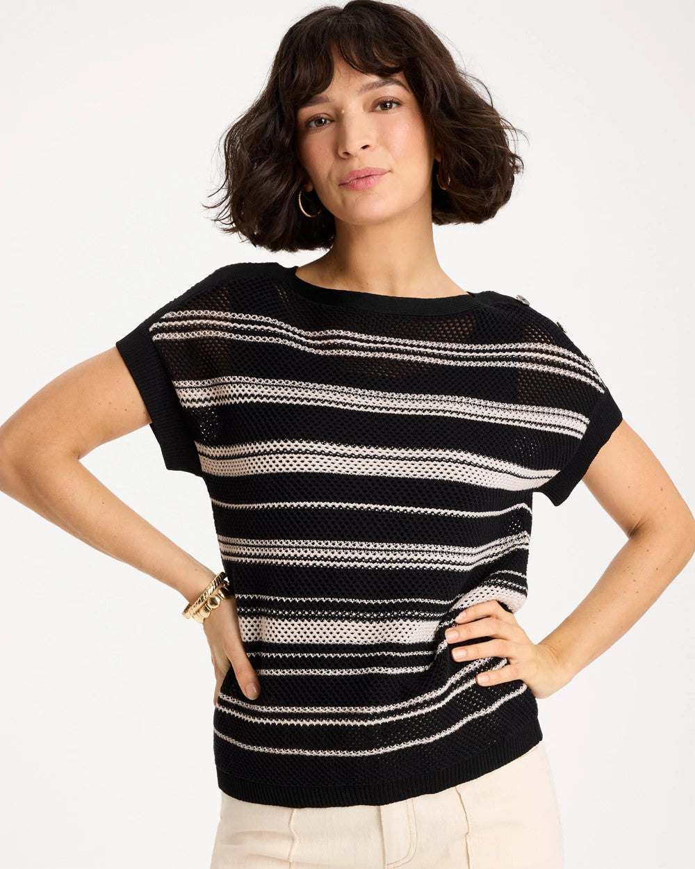 Chico's Striped Mesh Stitch Pullover Sweater Black