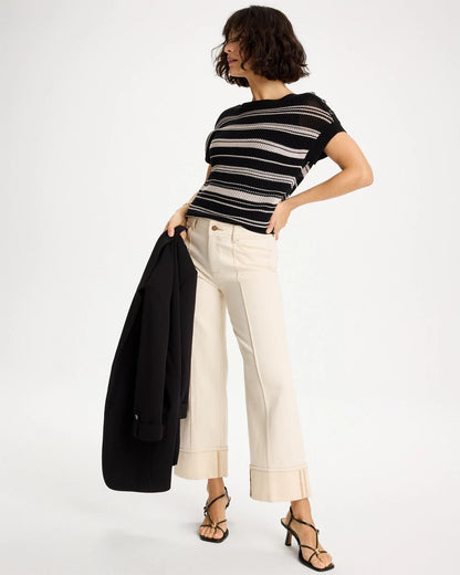 Chico's Striped Mesh Stitch Pullover Sweater Black