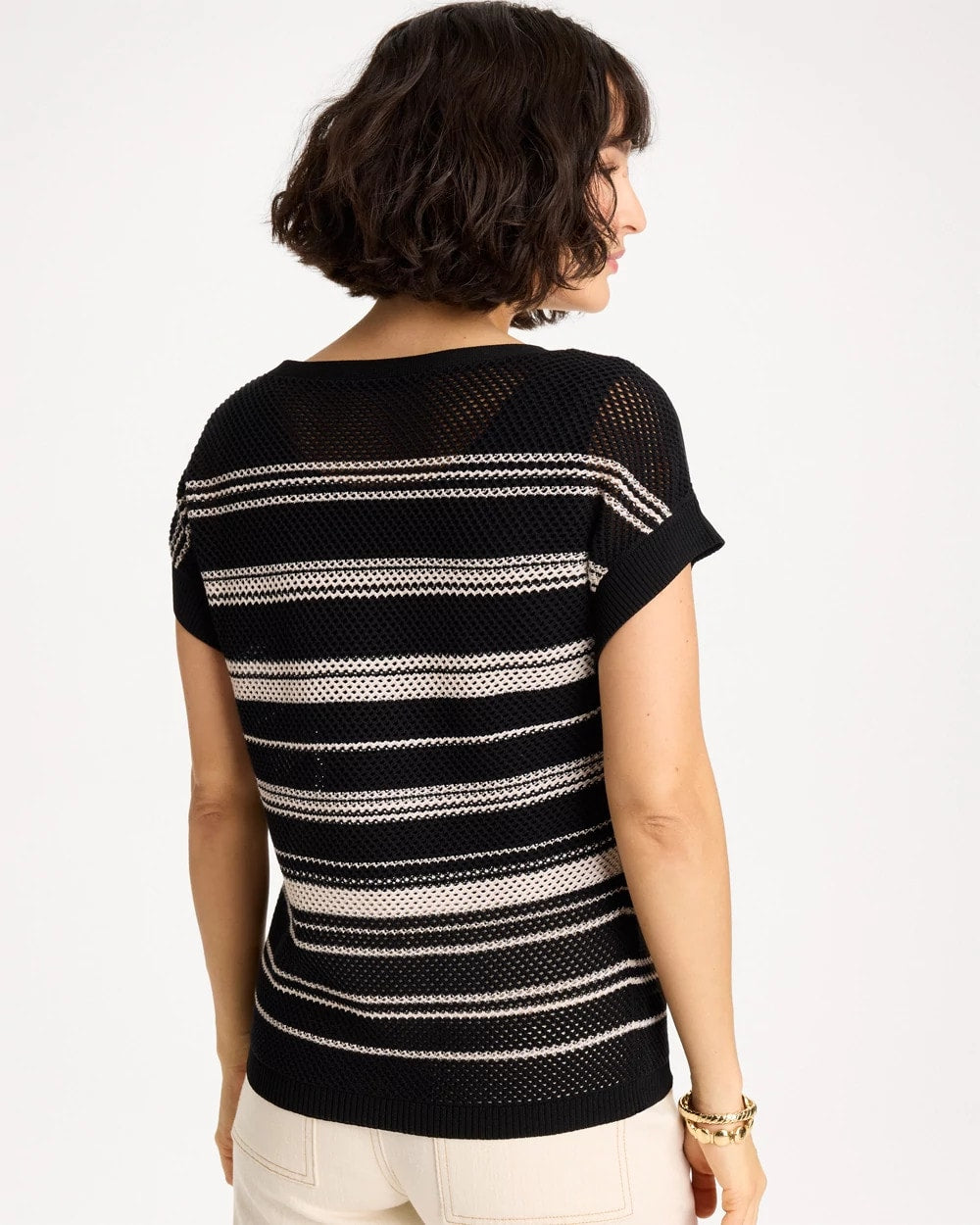 Chico's Striped Mesh Stitch Pullover Sweater Black