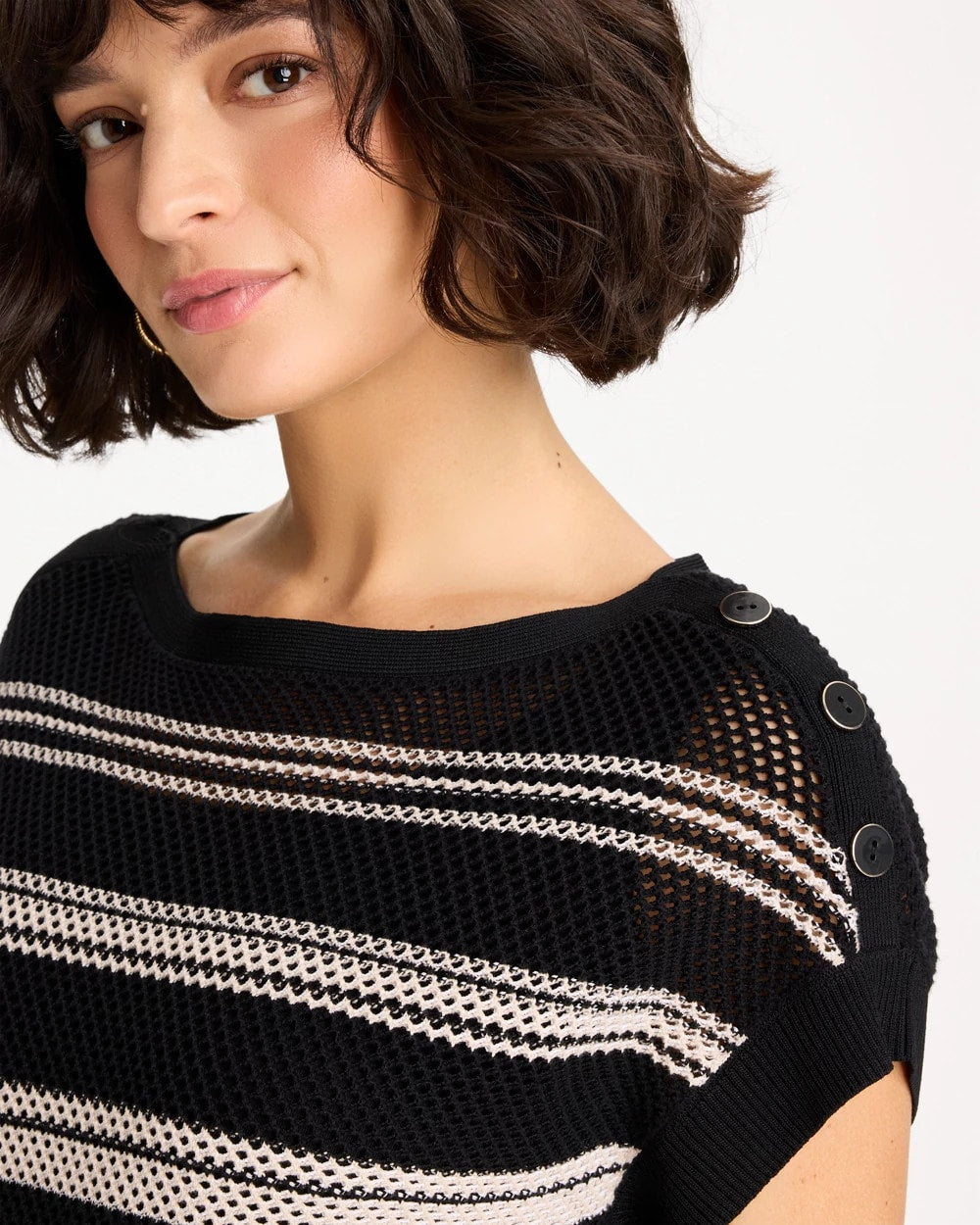 Chico's Striped Mesh Stitch Pullover Sweater Black