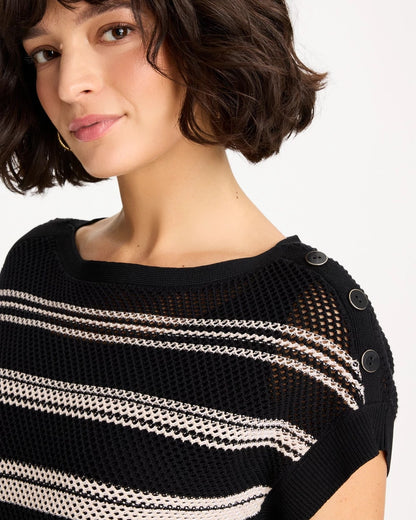 Chico's Striped Mesh Stitch Pullover Sweater Black