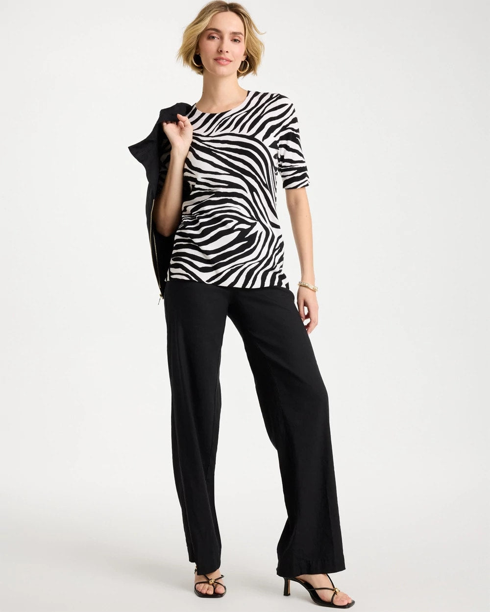 Chico's Ella Zebra Crewneck Pullover Sweater Black