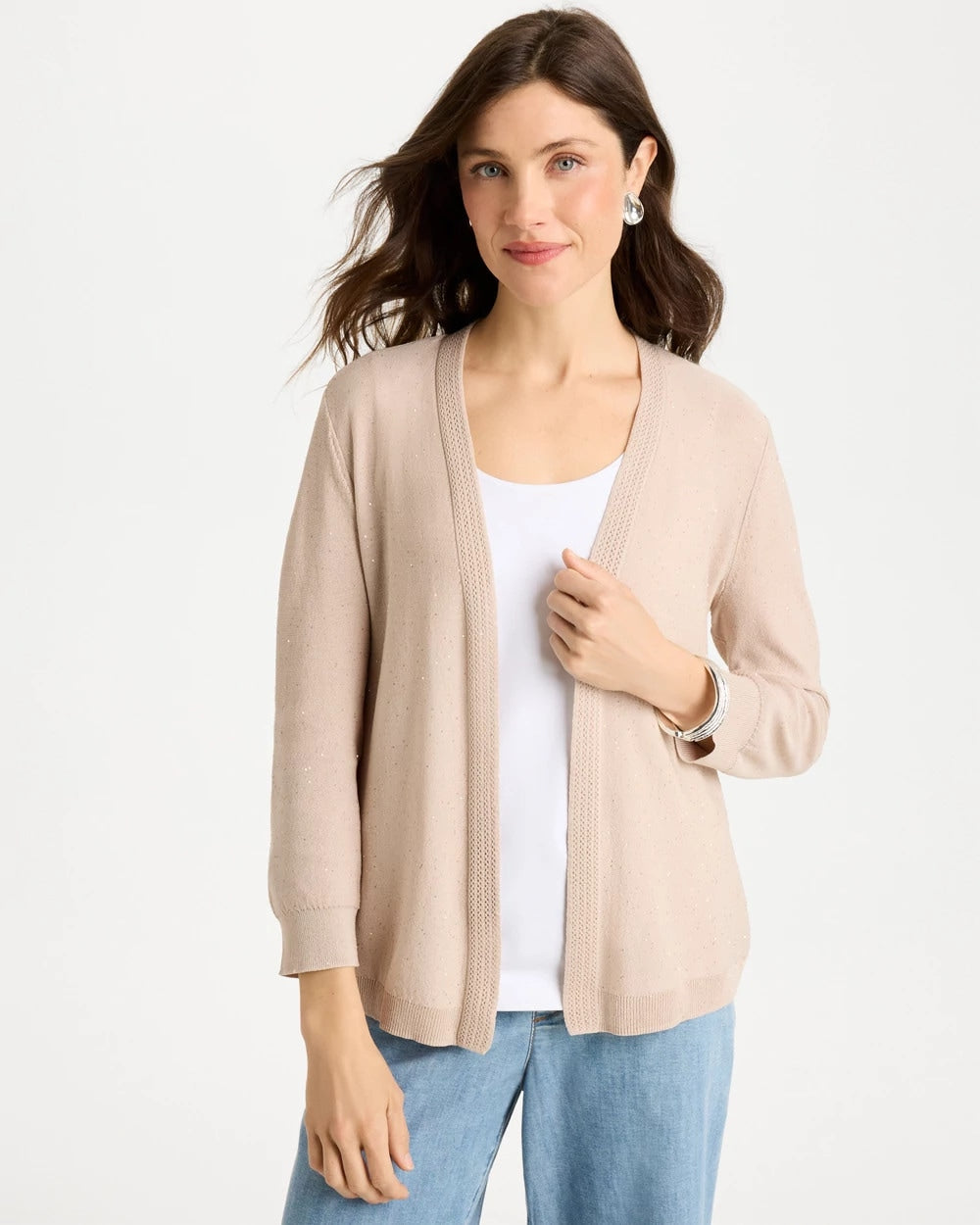 Chico's Sequined Summer Romance Cardigan Smokey Taupe
