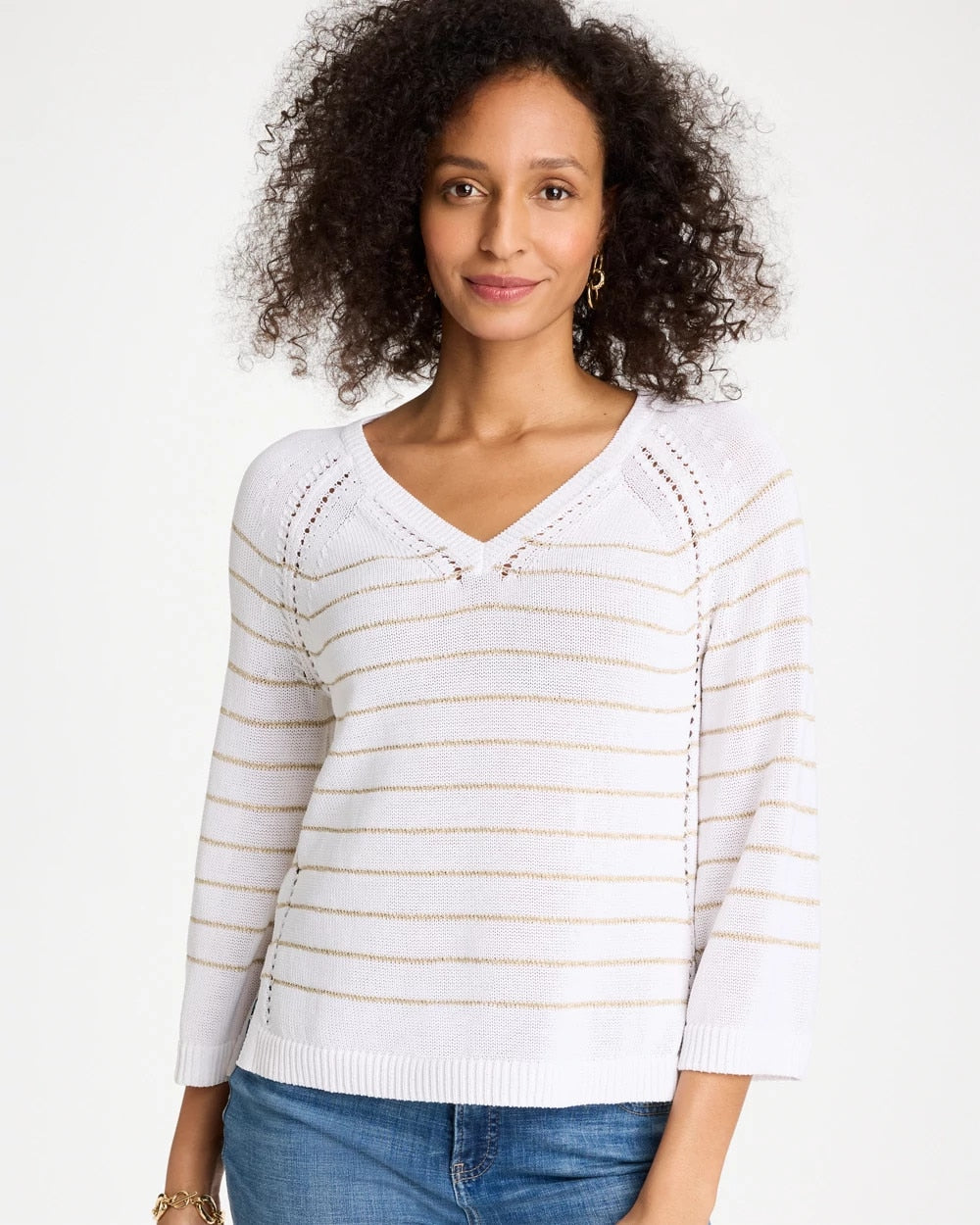 Chico's Metallic Striped Pullover Sweater Alabaster
