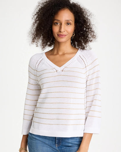 Chico's Metallic Striped Pullover Sweater Alabaster