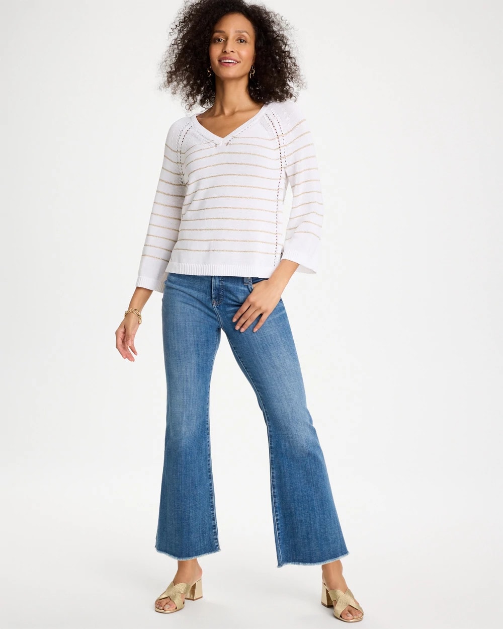 Chico's Metallic Striped Pullover Sweater Alabaster
