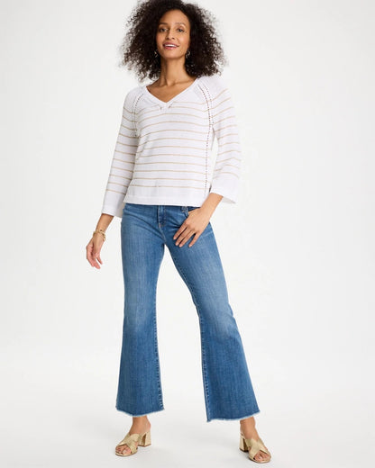 Chico's Metallic Striped Pullover Sweater Alabaster