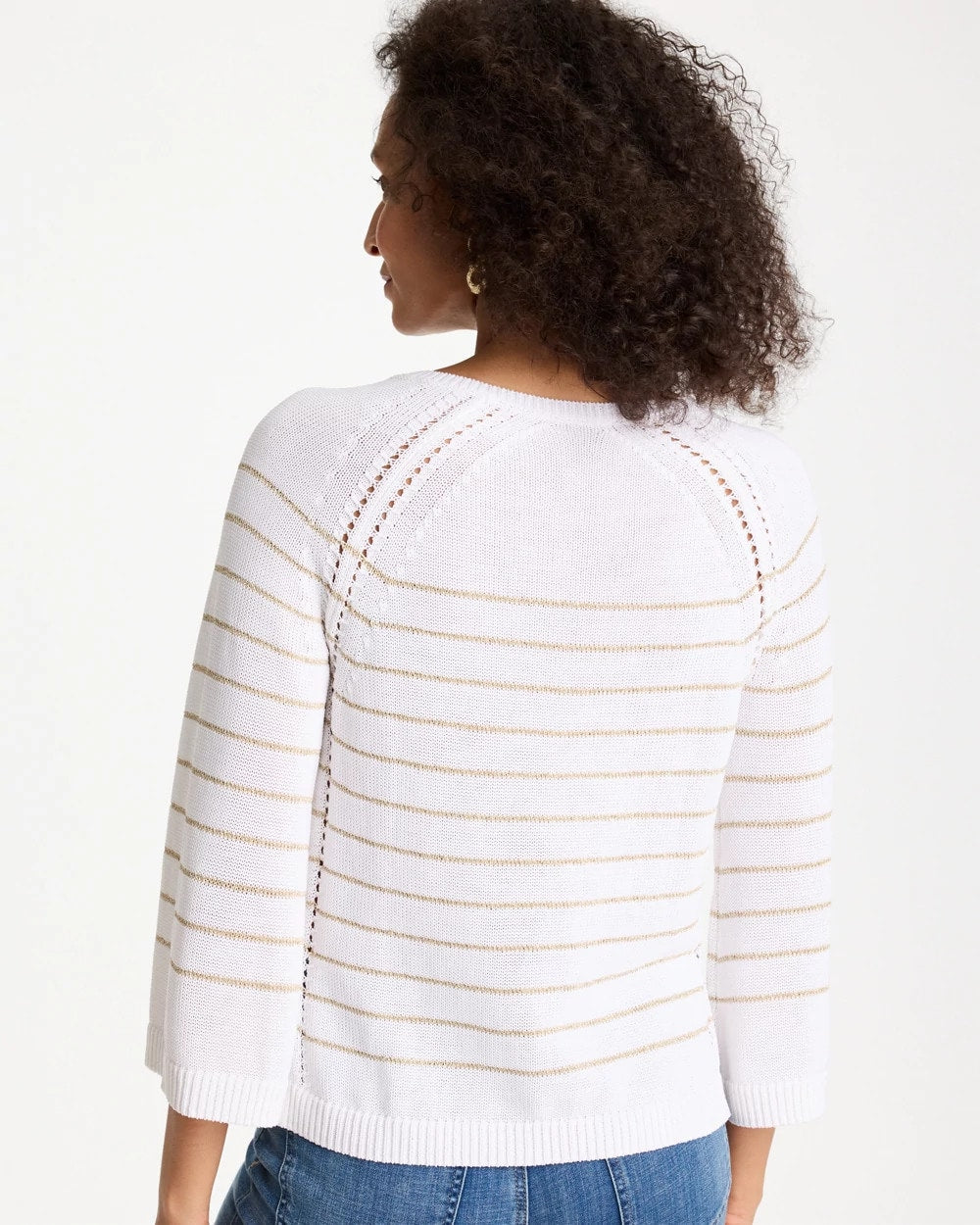 Chico's Metallic Striped Pullover Sweater Alabaster
