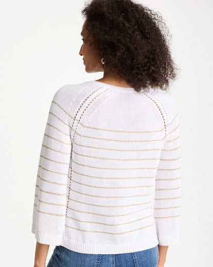 Chico's Metallic Striped Pullover Sweater Alabaster