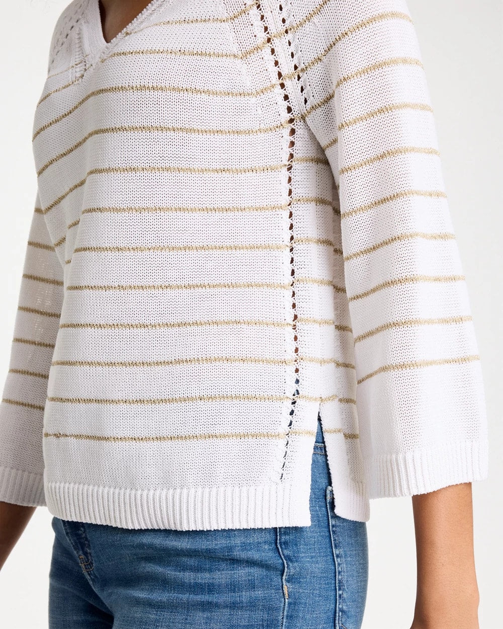 Chico's Metallic Striped Pullover Sweater Alabaster