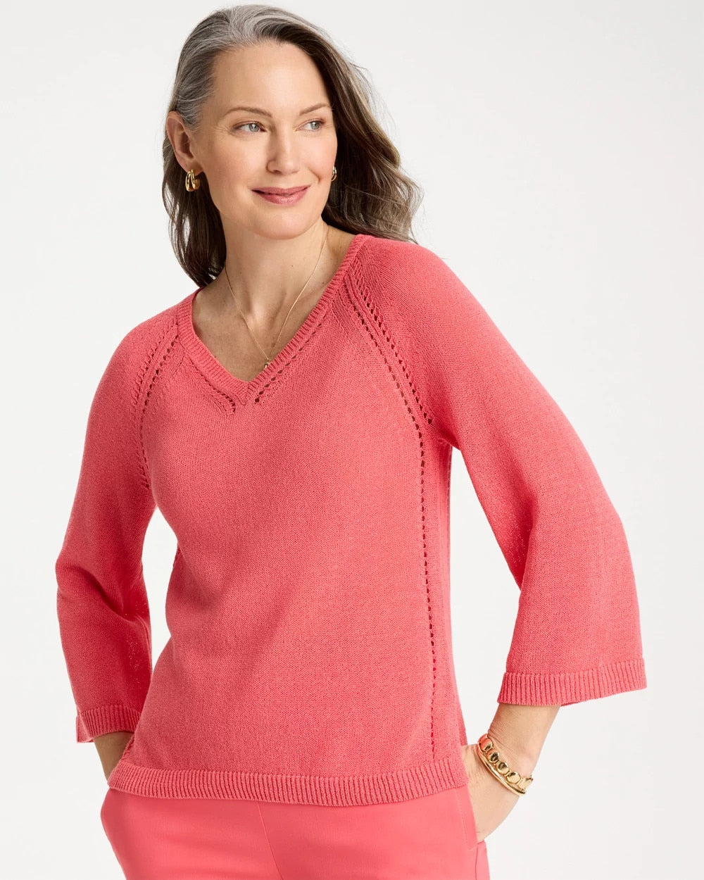 Chico's Cotton-Blend Pullover Sweater Calypso Coral