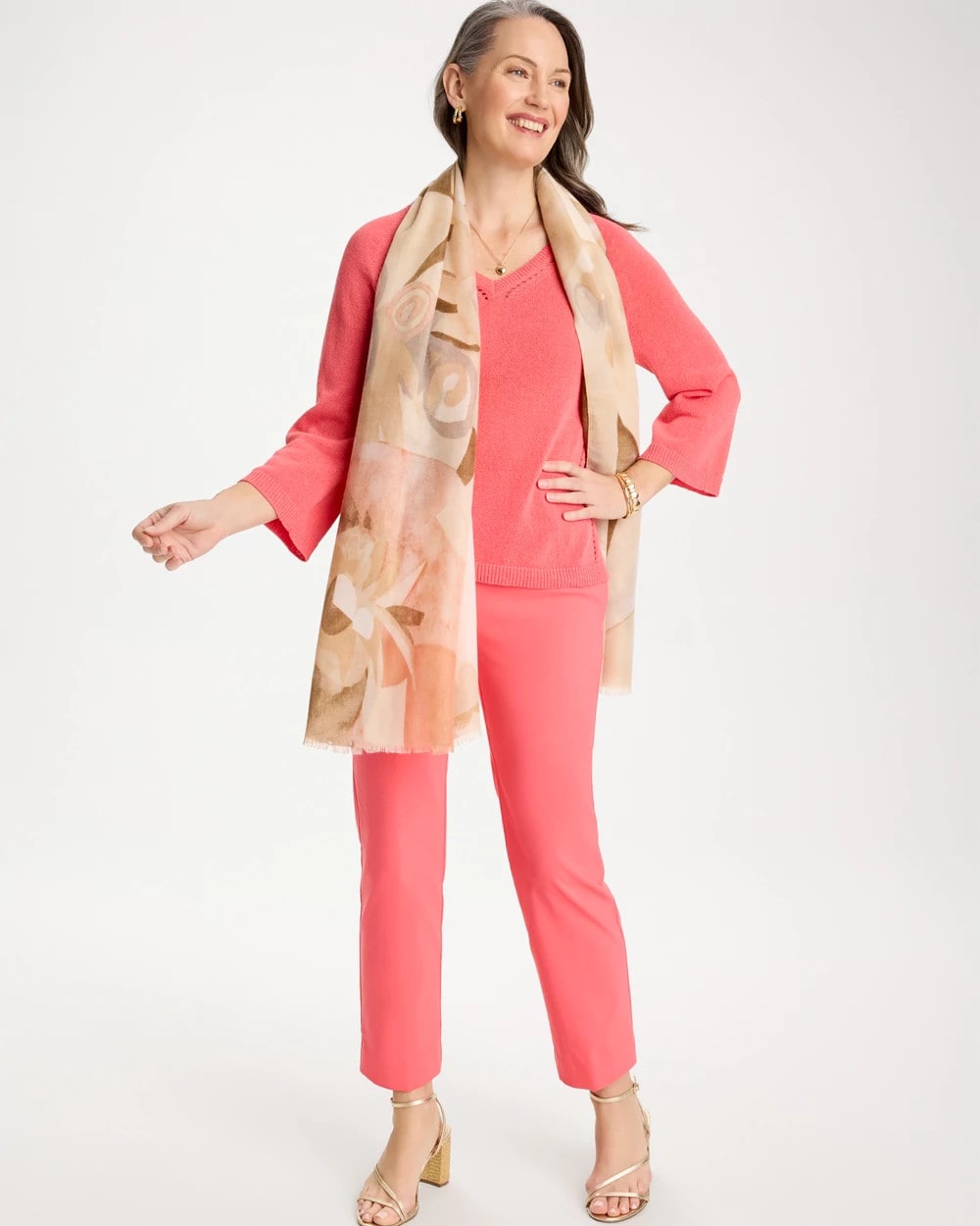 Chico's Cotton-Blend Pullover Sweater Calypso Coral