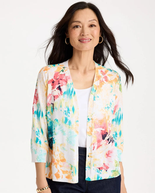 Chico's Printed Summer Romance Cardigan Calypso Coral