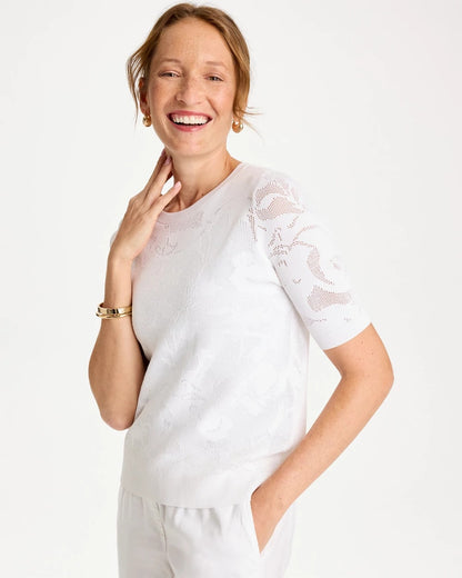 Chico's Ella Short-Sleeve Pointelle Sweater Alabaster