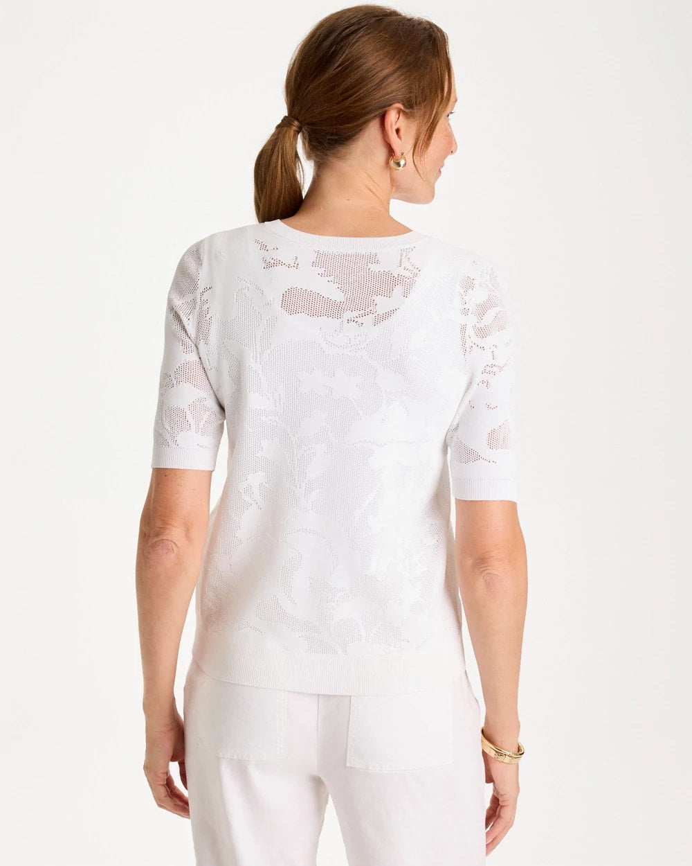 Chico's Ella Short-Sleeve Pointelle Sweater Alabaster