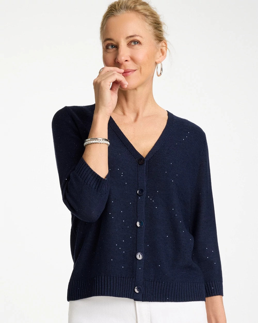 Chico's Stitchy Sequin V-Neck Cardigan Passport Blue
