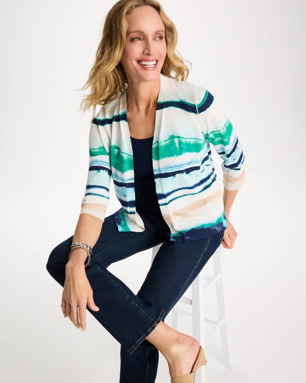 Chico's Grotto Striped Summer Romance Cardigan Green Clover